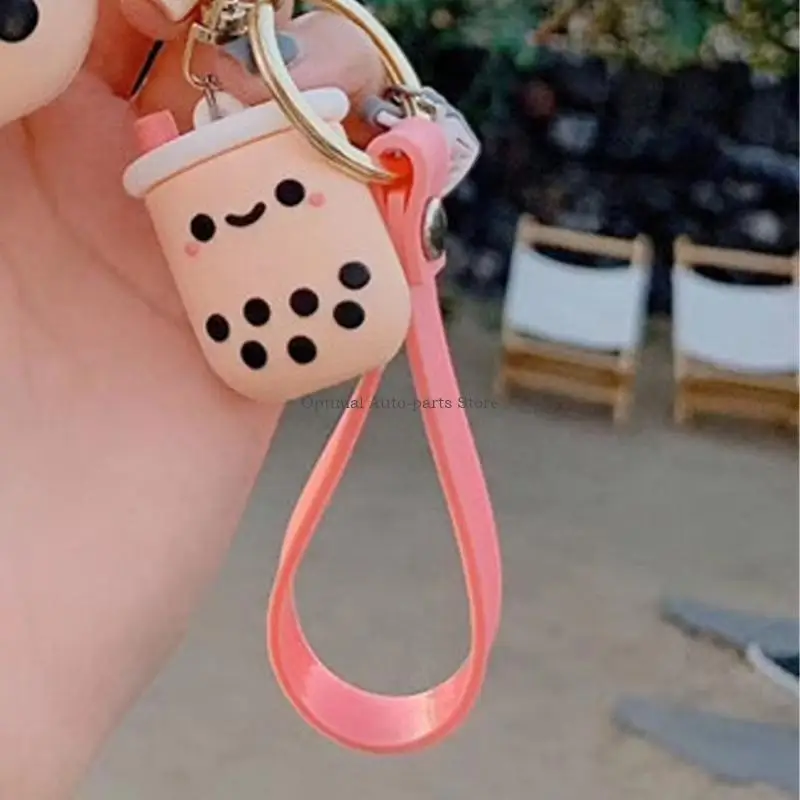 Milk Tea Keychain with Lanyard Cartoon Pattern Bag Pendant Rings Gift 4x3cm