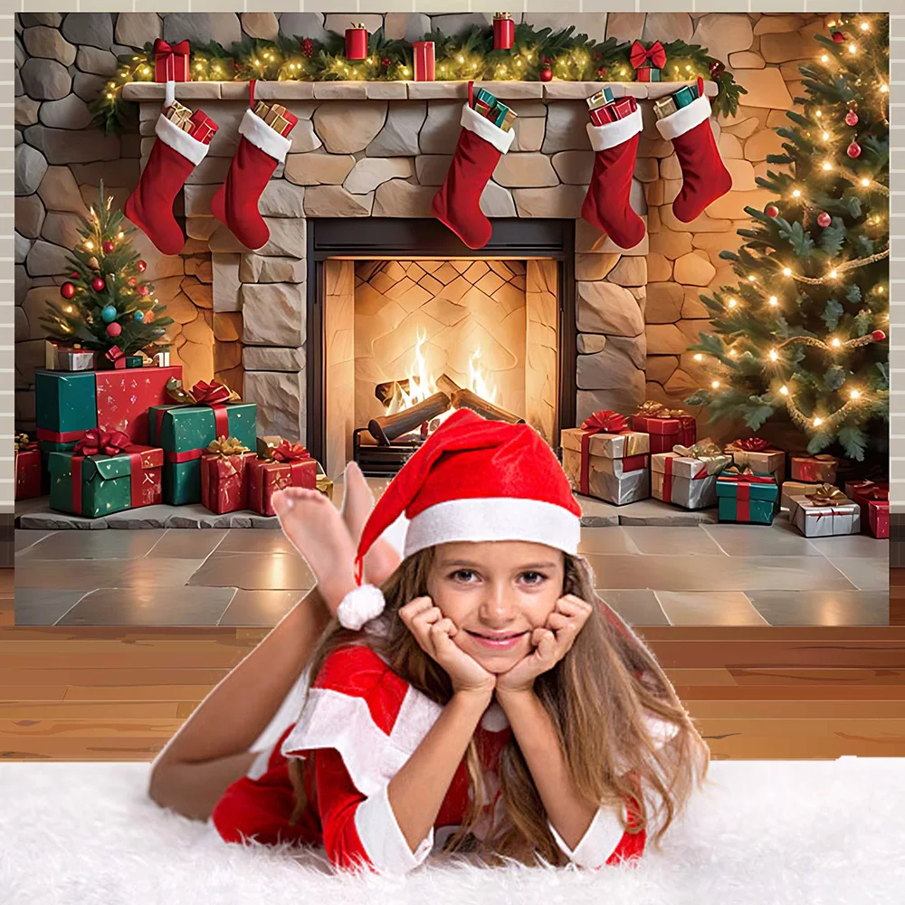 Xmas Tree Gifts Brick Fireplace Christmas Day Decoration Background Happy New Year Family Baby Photo Props Photo Booth Supplies - Image 4