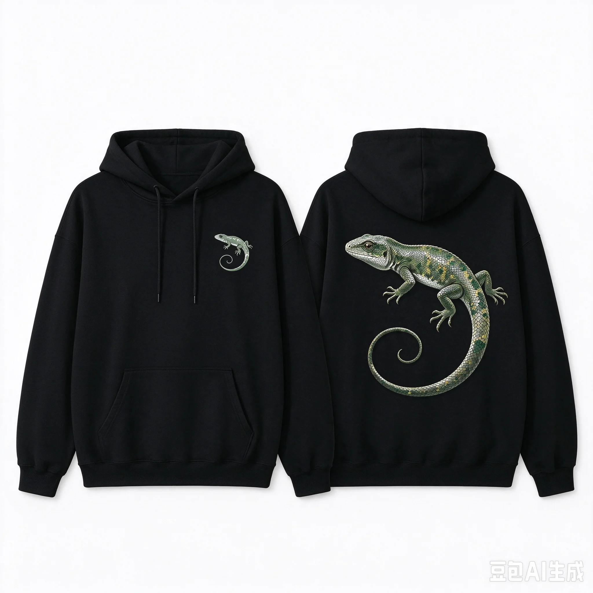 Men's Loose Drawstring Hoodie, Right Chest Small Lizard Badge, Back Large Lizard Graphic Pullover, Streetwear Casual Sweatshirt