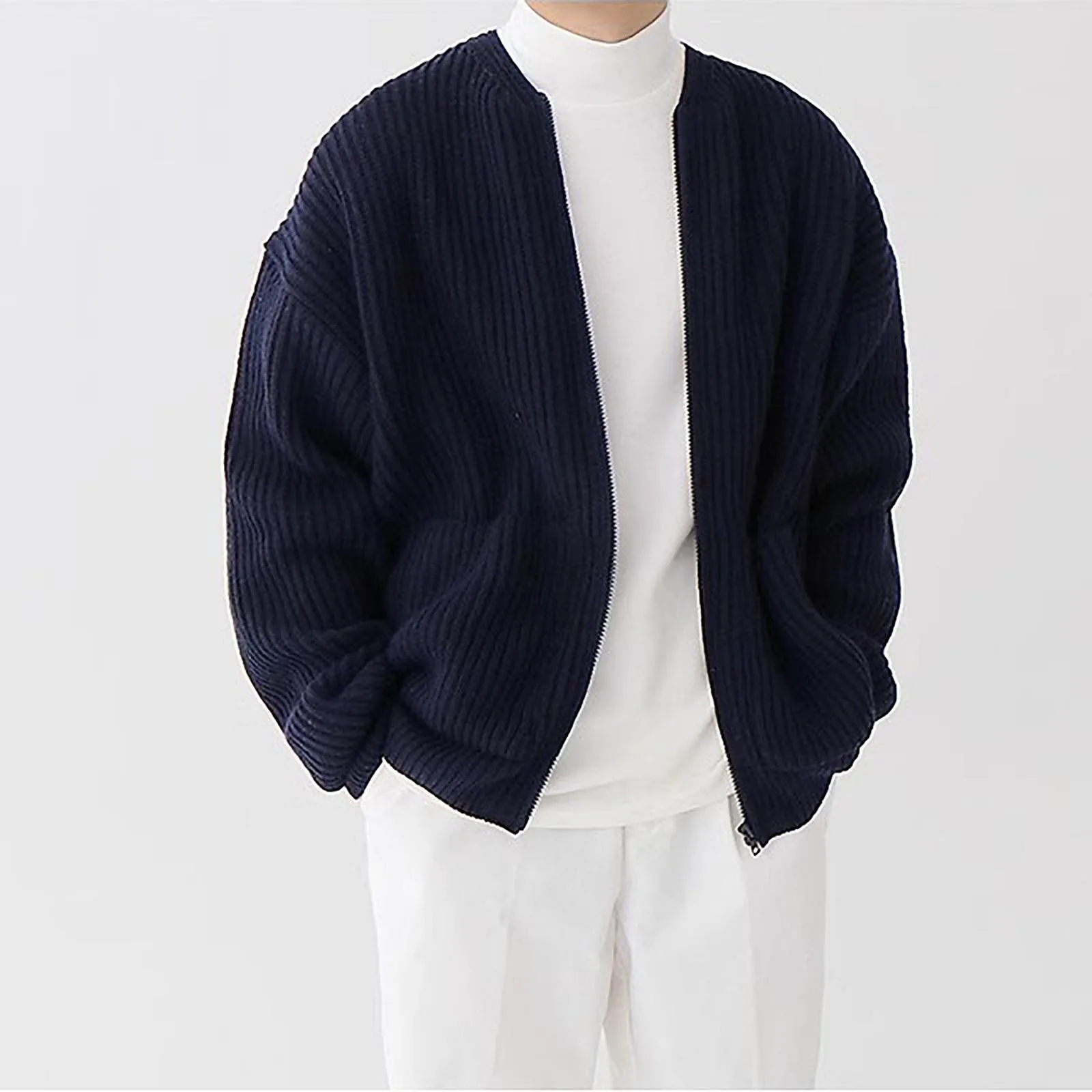 Pull en tricot à col rond pour hommes avec poches, manteau solide, fermeture éclair, long, rétro, randonnée, coupe-vent, mode masculine, automne