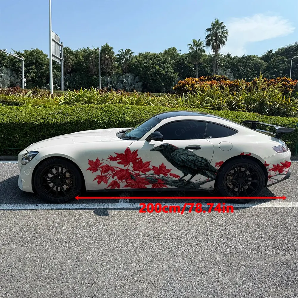 2pcs Crow Perched on Scarlet Maple Car Side Wraps, Self-Adhesive PVC Waterproof & Scratch-Resistant Stickers, Car Accessory Gift