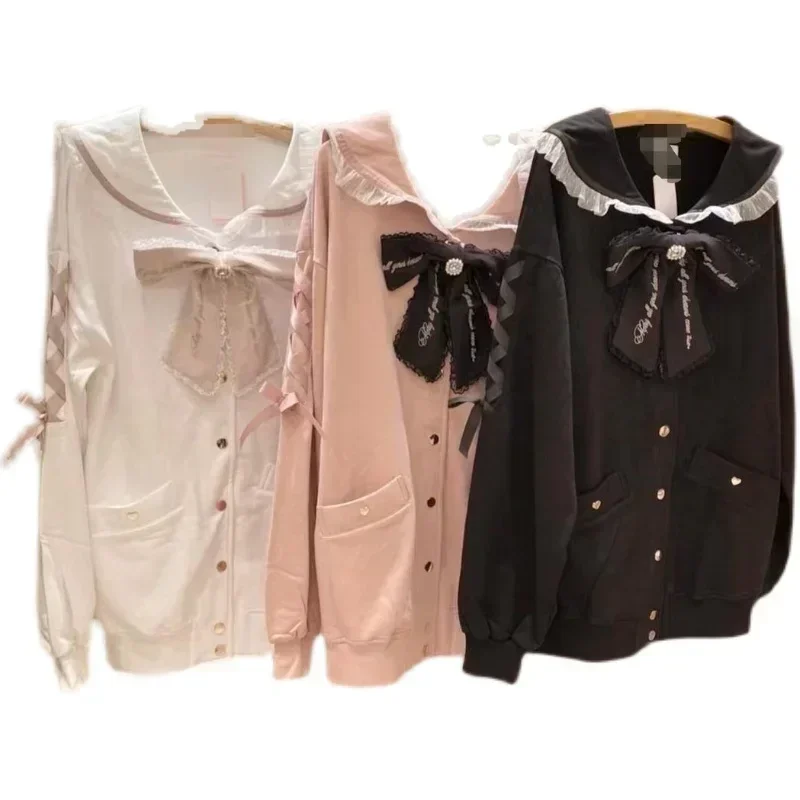 Embroidery Bowknot Sweet Women\'s Hoodies Sailor Collar Long Sleeve Loose Sweatshirt for Lady Single-Breasted Mid-Length Coat