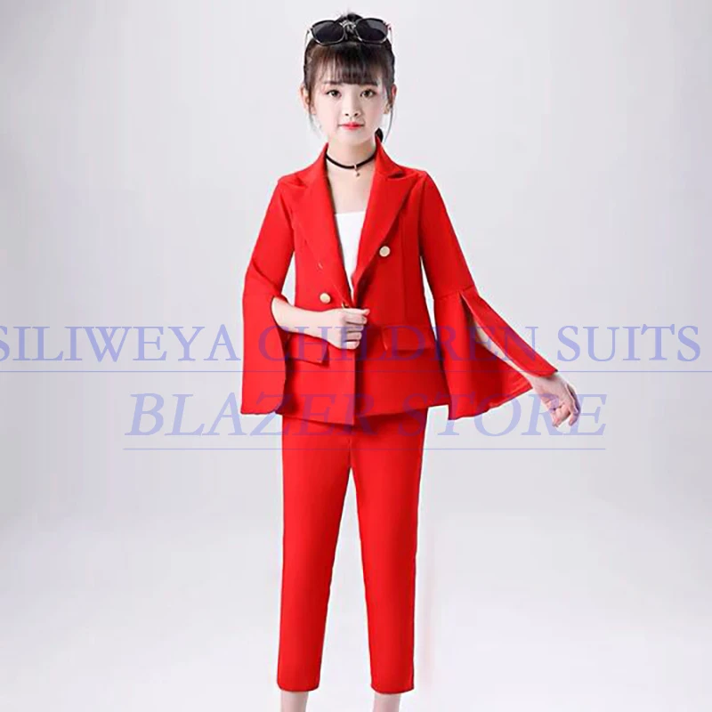

Red Children Clothes Custozmied 2 Piece Jacket Pants Sets Formal Double Breasted Peak Lapel Outfits Girls School Sets Blazer