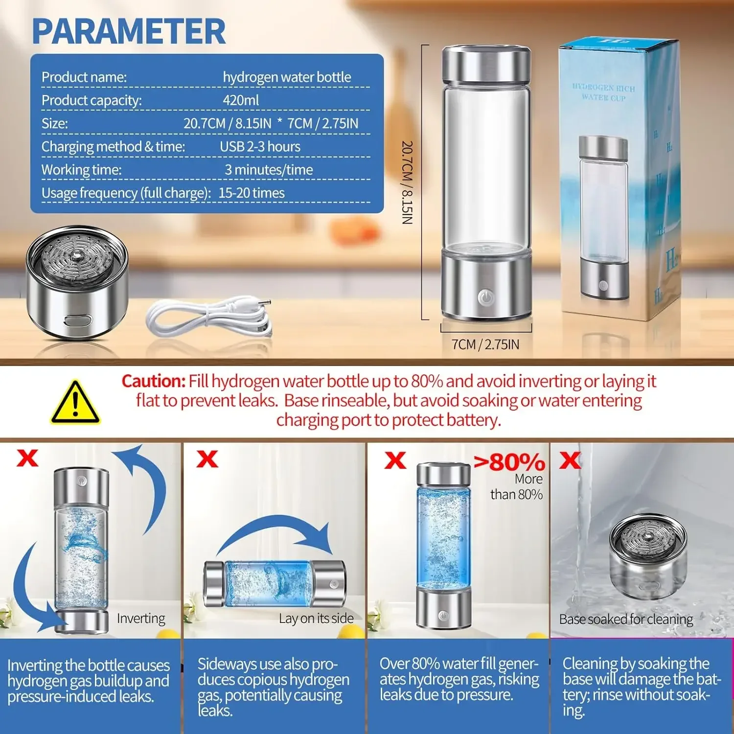 Botella de agua de hidrógeno portátil, recargable, 3 minutos, electrólisis rápida, ionizador de agua SPE PEM