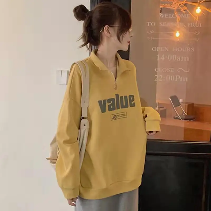 Pullovers V Neck Top Letter Printing Baggy Full Zip Up Women's Sweatshirt Text Graphic with Zipper Loose Orint on Woman Clothing