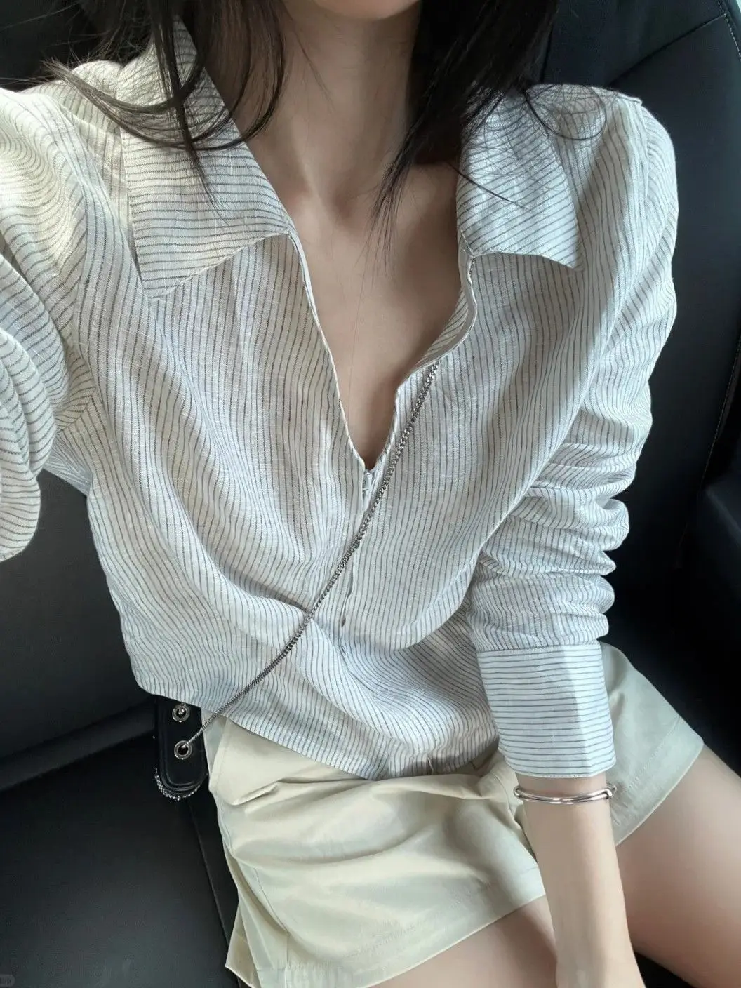 

Новая летняя женская полосатая льняная рубашка с воротником, свободного кроя, с длинными рукавами, солнцезащитный кардиган для повседневной носки