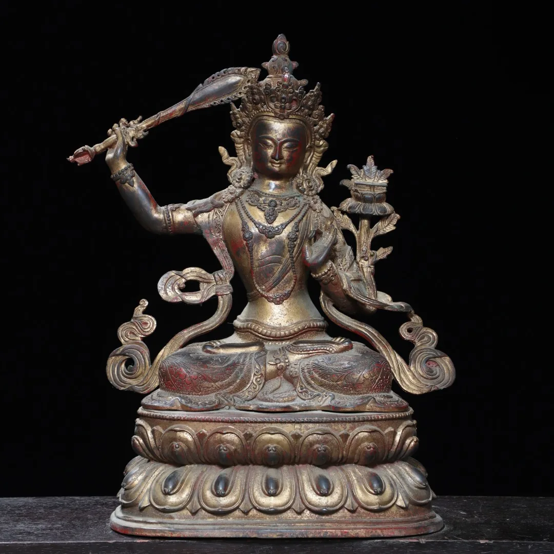 

17"Old Nepalese temples Old Bronze Cinnabar Mud gold Manjusri Bodhisattva Sitting Buddha Lotus Terrace Worship Hall