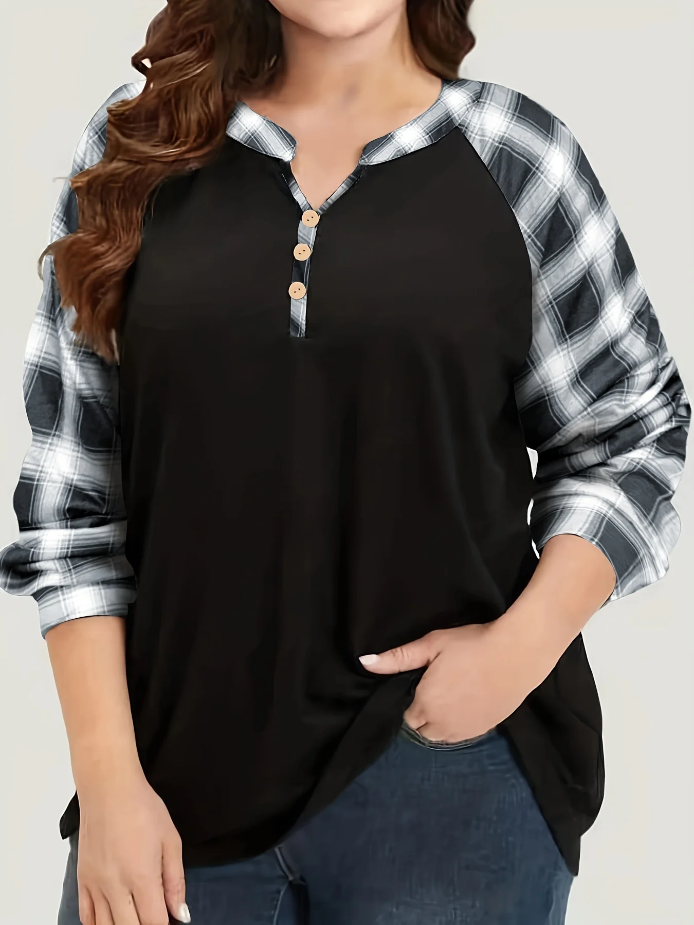 Plus Size Plaid Patchwork V Neck Button Sweatshirt