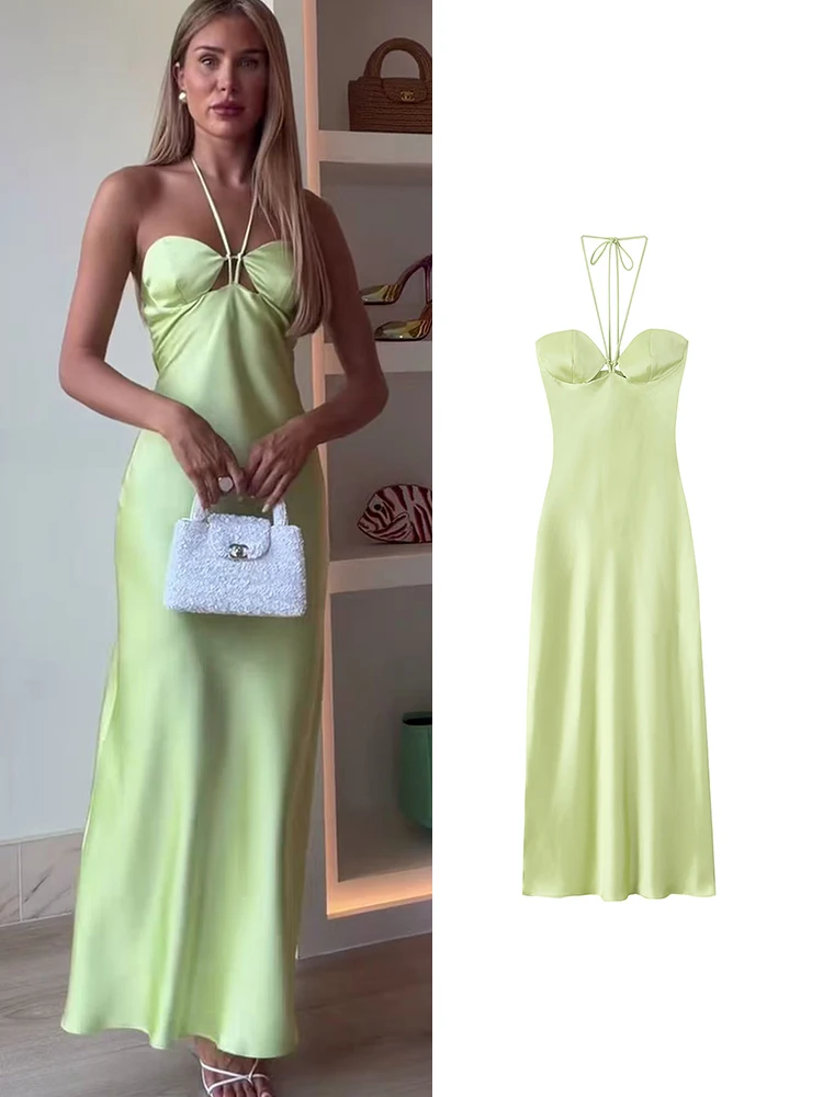 TFMLN Elegantes Damen-Neckholder-Maxikleid mit Schnürung am Rücken, aus Satin, figurbetont, schick für Partys