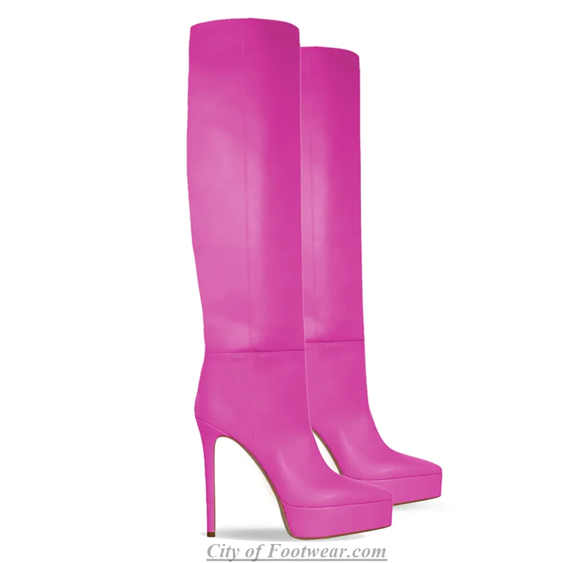 Colorful Pointy Toe Platform Leather Knee High Boots Sexy 2025 New in High Heels Pull on Luxury Design Soft Party Women's Shoes