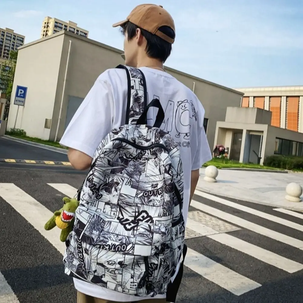 Nylon Graffiti School Bag Laptop Backpack Lightweight Large Capacity Backpack Tyrannosaurus Pendant Black Cartoon Print Bag