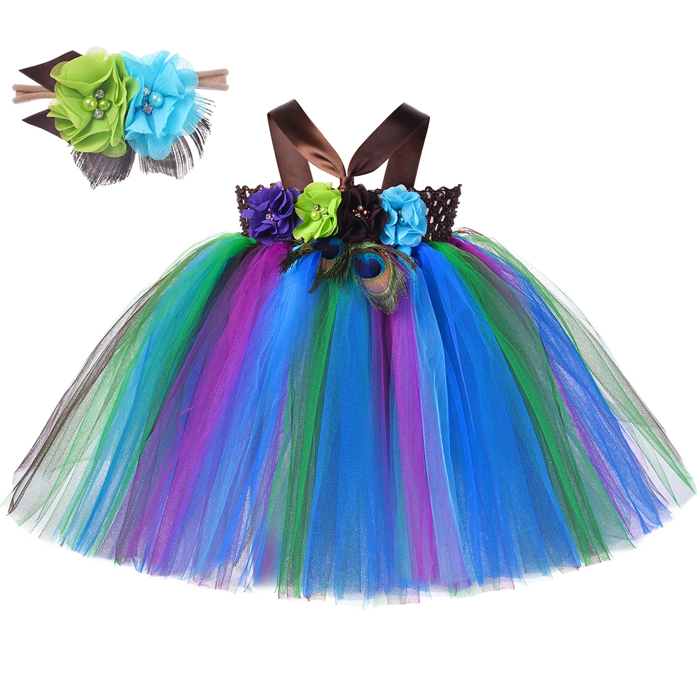 

Flower Feathers Peacock Tutu Dress for Baby Girl 1st Birthday Party Clothes 1 Year Infant Toddler Girls Princess Costume Outfits