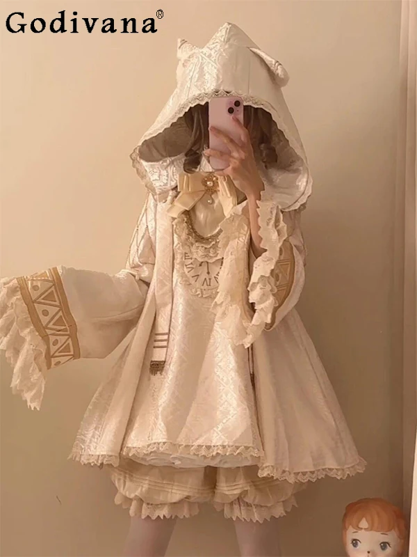 

Japanese Original Cute Sweet Lace Trim Lolita Hooded Dress Heavy Craft Gorgeous Elegant Bell Sleeve Two-Piece Set for Women