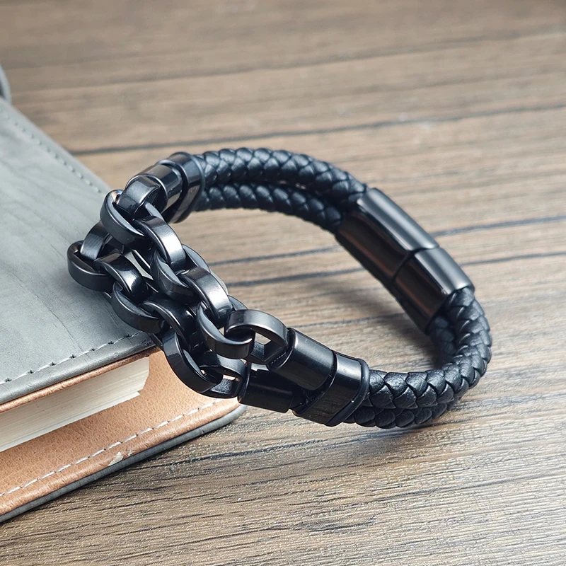 Herren Lederarmband im Kubanischen Kettenstil mit Edelstahl-Flechtdesign und Magnetverschluss, Punk-Armband, Handschmuck, Geschenk