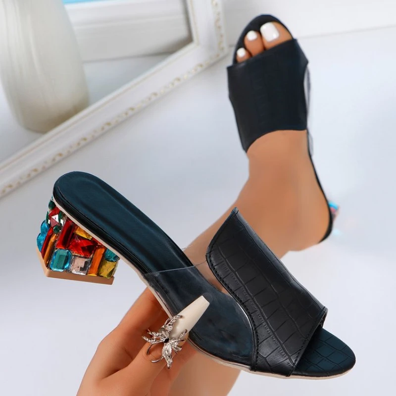 Women Slippers Summer Wide Strap Colorful Square Heel Sandals Casual Outdoor Flats Slippers Summer Peep Toe Going Out Slides