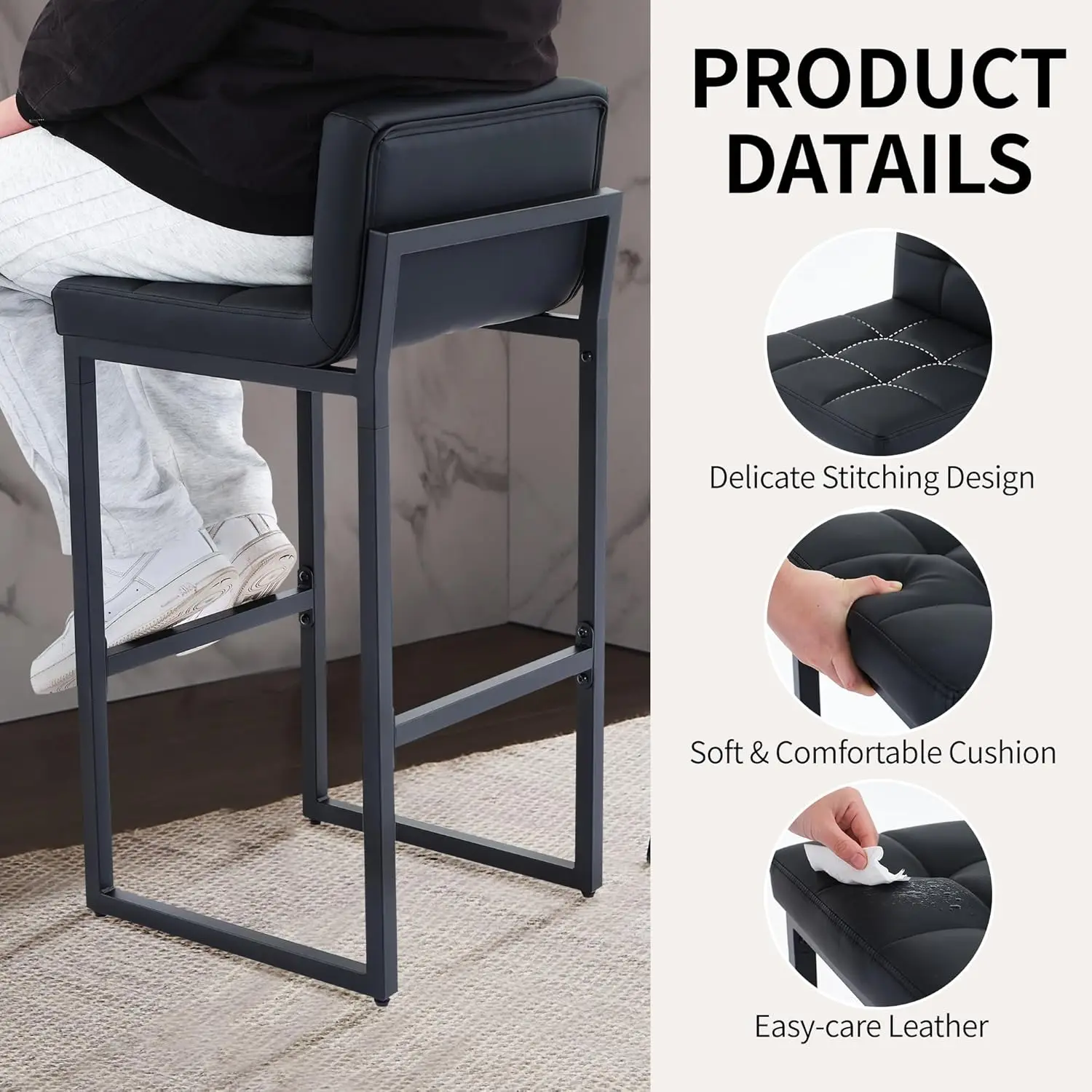 Mid-Century Modern Leatherette Bar Stools, Set of 2 with Low Back and Footrest, Stylish Upholstered Counter Height Chairs