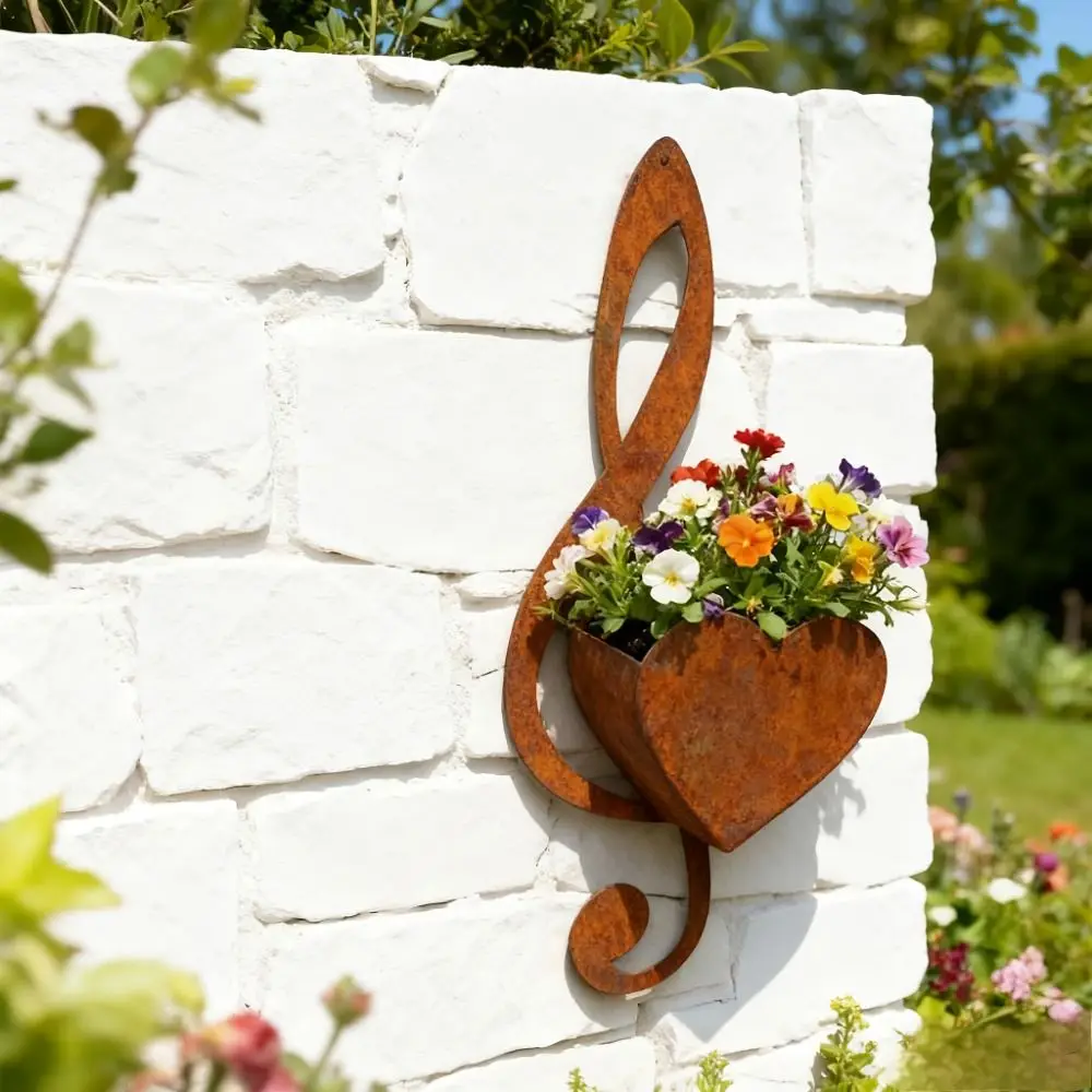 Iron Music Note Hanging Pot Wall Mounted Rustic Design Succulents Flowers Pot Heart Shaped Decorative Wall Hanging Planter