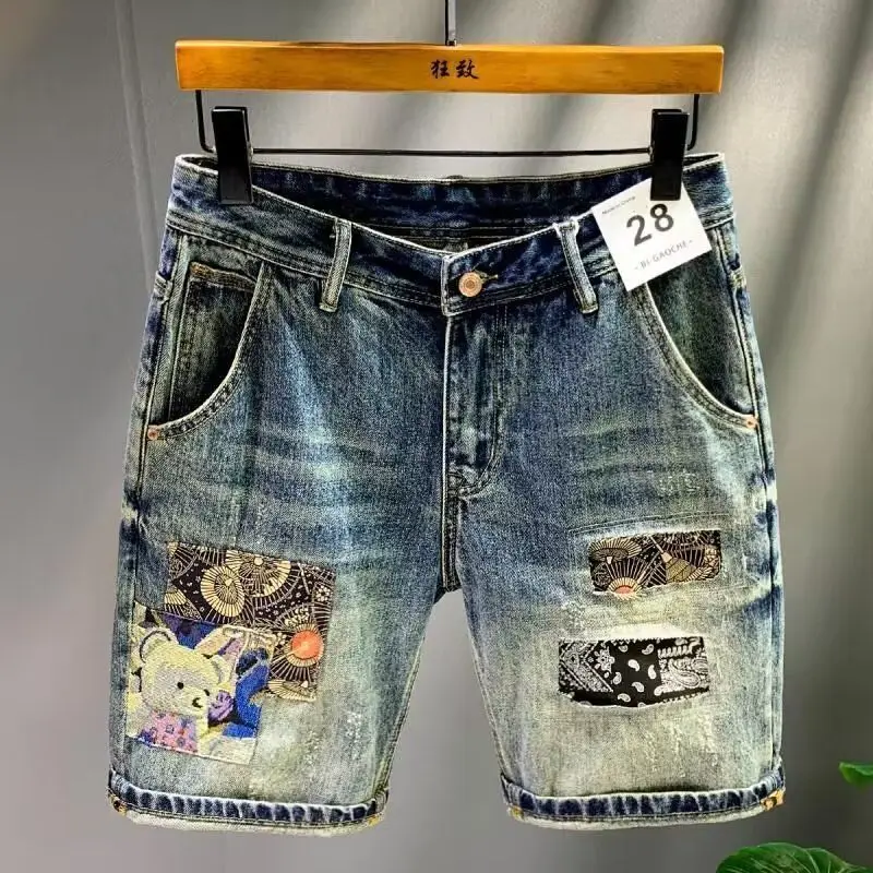 

Summer New Loose Patch Half Pants Denim High Street Shorts Trendy Brand Retro Casual Luxury Man Clothing Brand Work Half Pants