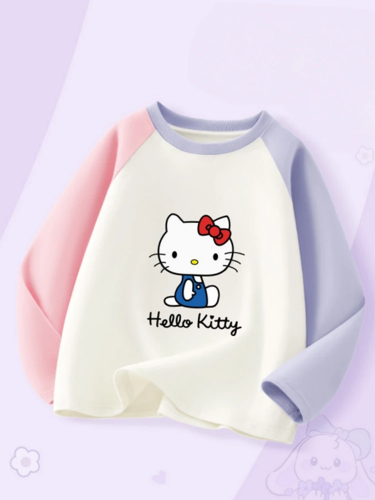

Sanrio, осенняя одежда из 100% хлопка для маленьких девочек, детский пуловер с принтом «Hello Kitty», детские лоскутные футболки с длинными рукавами для девочек, топ