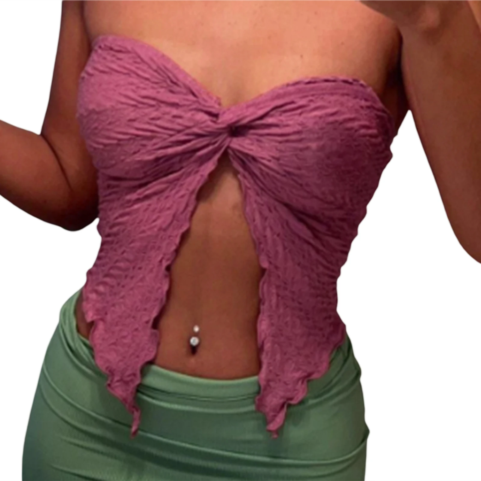 

Summer Women Y2K Twist Knot Knit Bandeau Tube Top Strapless Backless Open Front Cutout Hem Crop Tank Corset Top Bustier