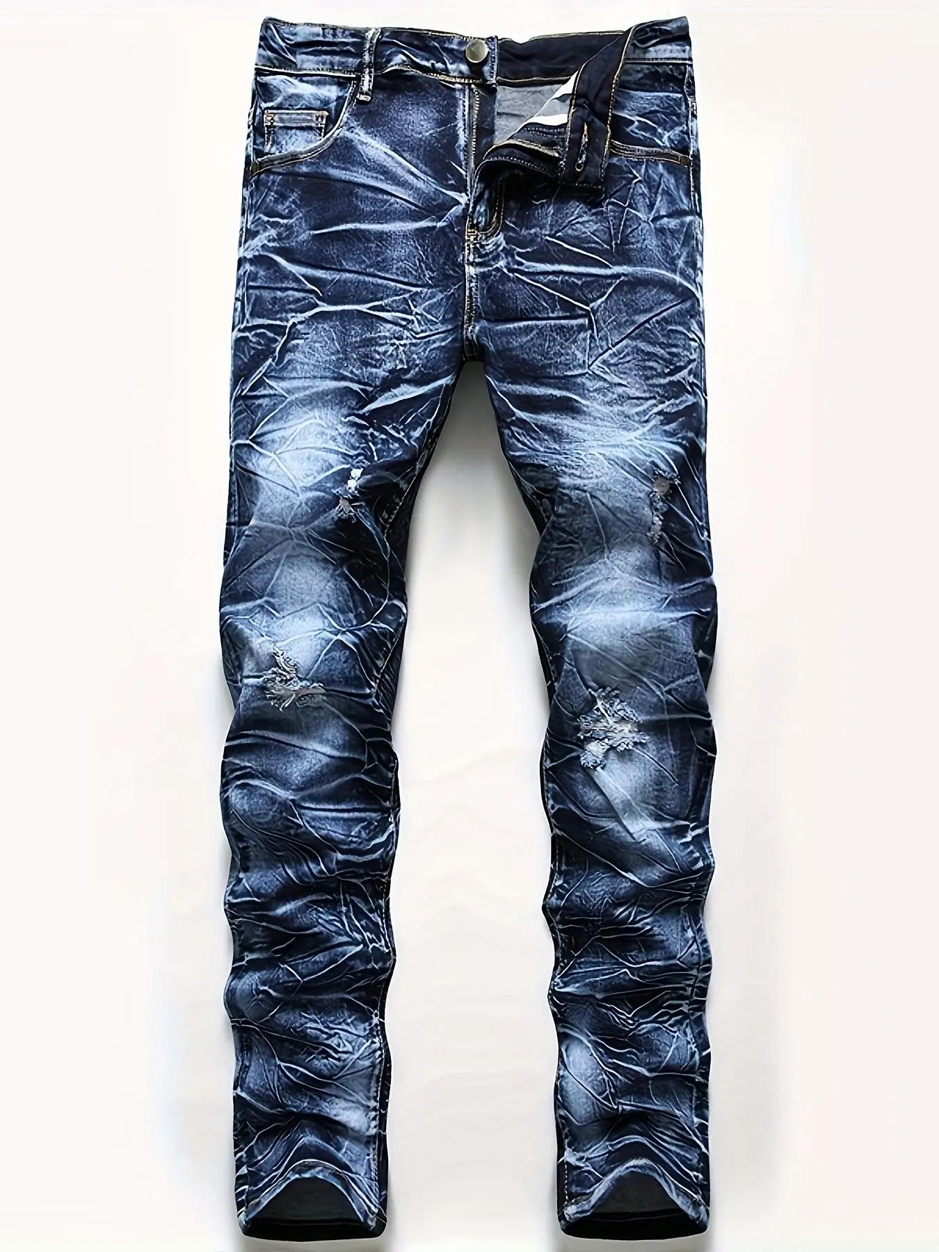 2025 Spring/Autumn Men's Jeans Stretch Multi Craft Denim Small Leg Pants Blue Green Slimming Men's Wear Perforated Denim Pants