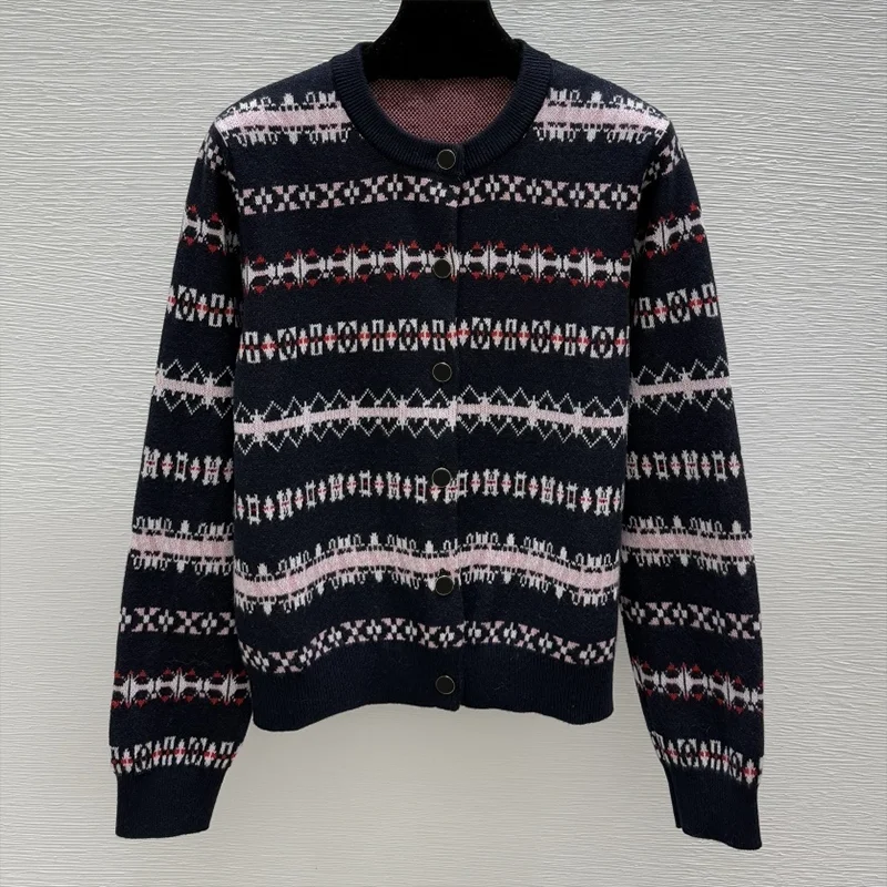 

Высококачественный винтажный жаккардовый женский кардиган Fel Island в полоску контрастного цвета, свитер 251102114