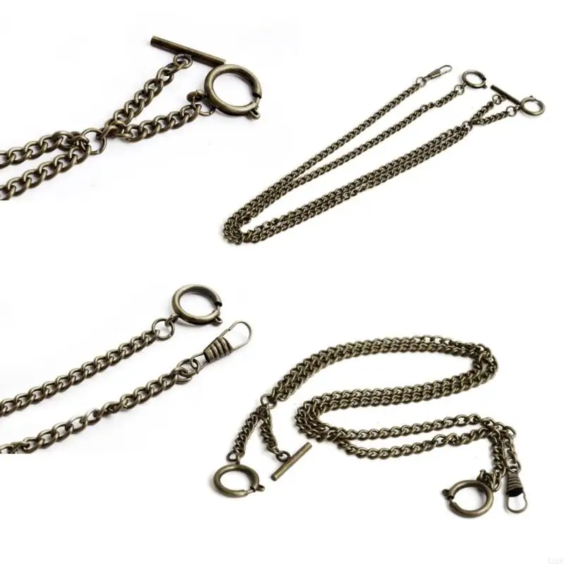 A52E Pocket Watch Chain Double Albert Chain Classic T-Bar Watch Chain Link Keychain with Spring Rings Clasp T-Bar for Men