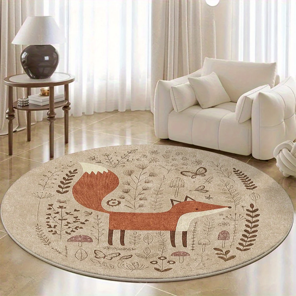 Rustic Woodland Fox Animal Round Area Rug Polyester Soft Boho Nursery Floor Mat Bohemian Forest Tapestry Decor Carpet