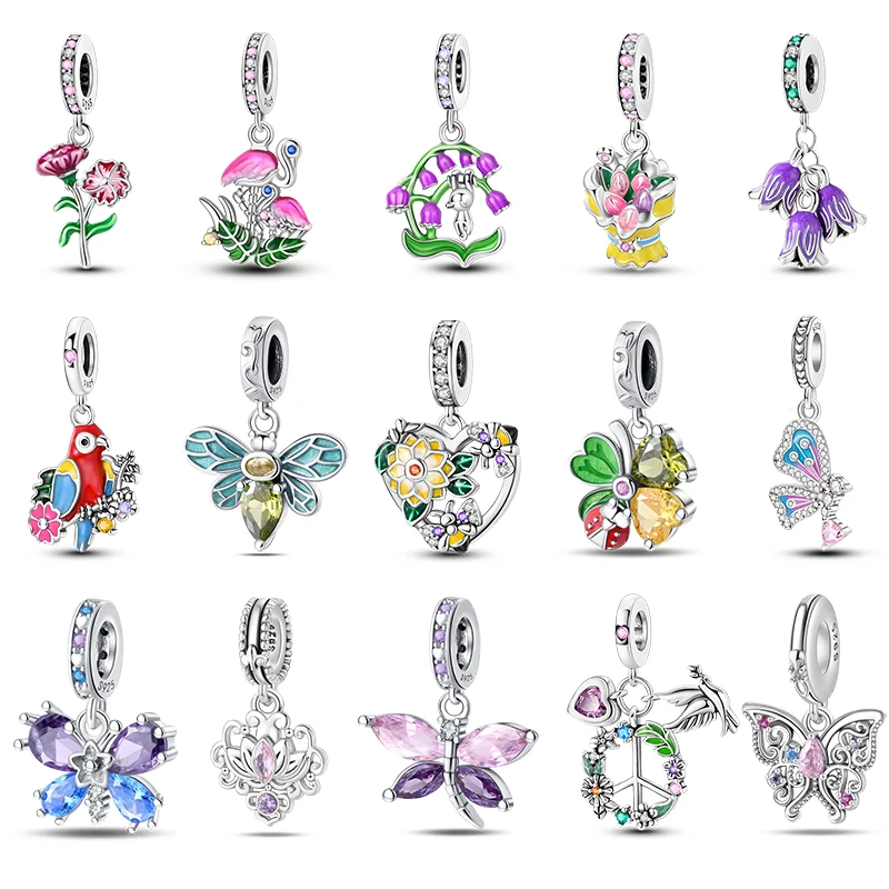 New 925 Sterling Silver Spring Carnation Flower Parrot Charm Beads Suitable for Charm Pandora Original Bracelet DIY Jewelry Gift