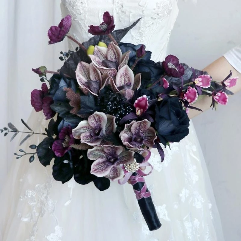 Vintage Black Purpled Hand Tied Flower Bunch Bride Bouquet Decor for Weddings 15UB