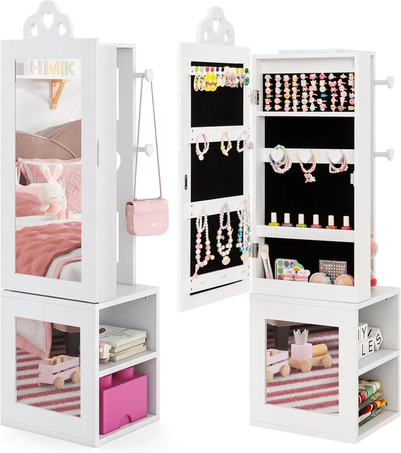 Jewelry Armoire Cabinet,46" Standing Jewelry Organizer with Full-Length Mirror, Rear Storage Shelves, Garment Rack, for Girls(White)
