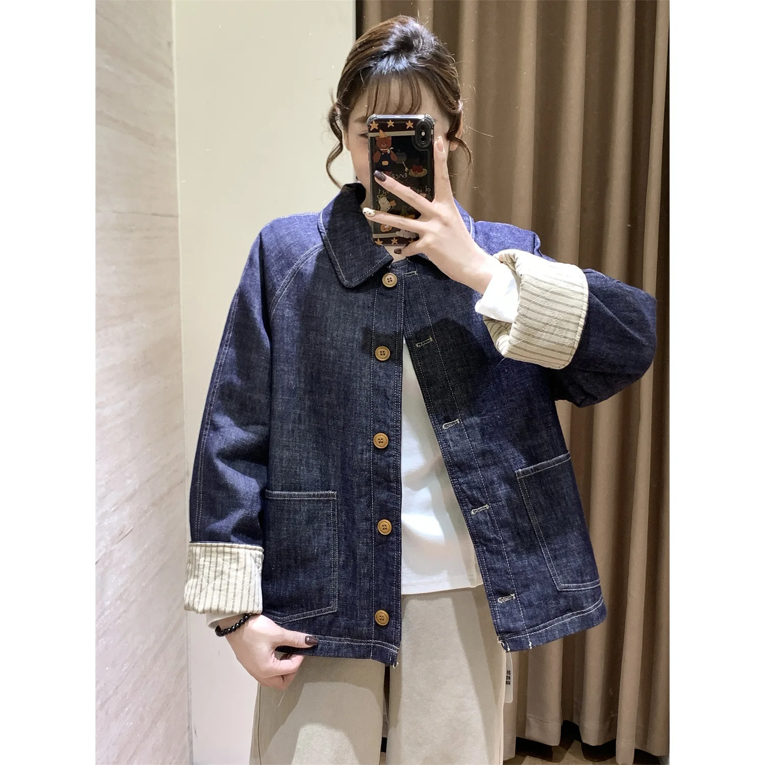 

SuperAen 2026 Autumn New Striped Patchwork Long-sleeved Bright Line Decoration Lapel Collar Loose Casual Women Denim Coats