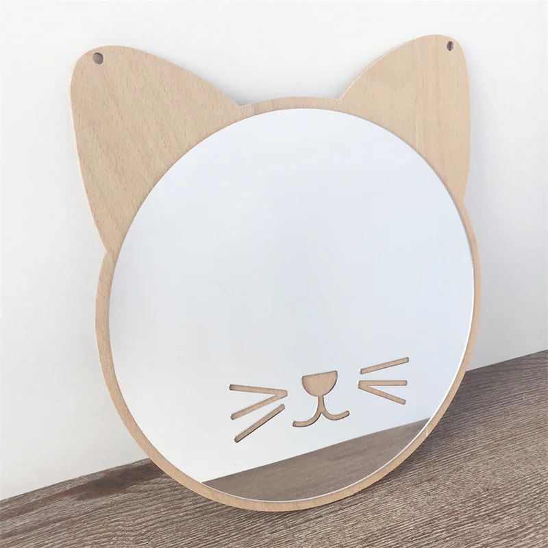Ins Nordic Style Small Cat-Shaped Shatterproof Wooden Mirror, Home Room Decoration Background Wall, Decorative Hanging Mirror for Bedroom, Used in Bathroom, Living Room, Bedroom, Handmade in the North, Room Decoration