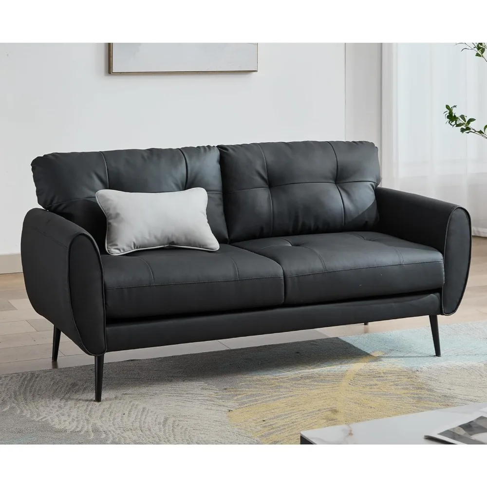 

Sofa Couch 61" Small Loveseat Couches for Living Room, Black Faux Leather Couch Mid Century Modern Tufted Mini Sofa Comfy Offic