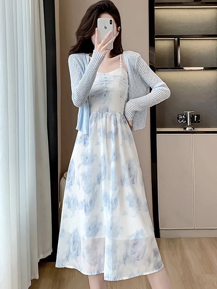 

Summer Fashion Floral Chiffon Diamonds Sling Dress+Blue Knitted Cardigan Two Piece Sets 2024 Women New Elegant Casual Dress Sets