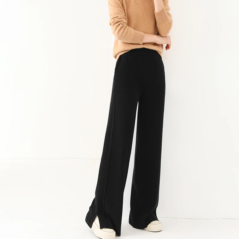 Women Wool Wide Leg Trousers Elastic Waist Side Slit Cashmere Pants Autumn Winter 100% Merino Wool Knitted Soft Warm Trousers
