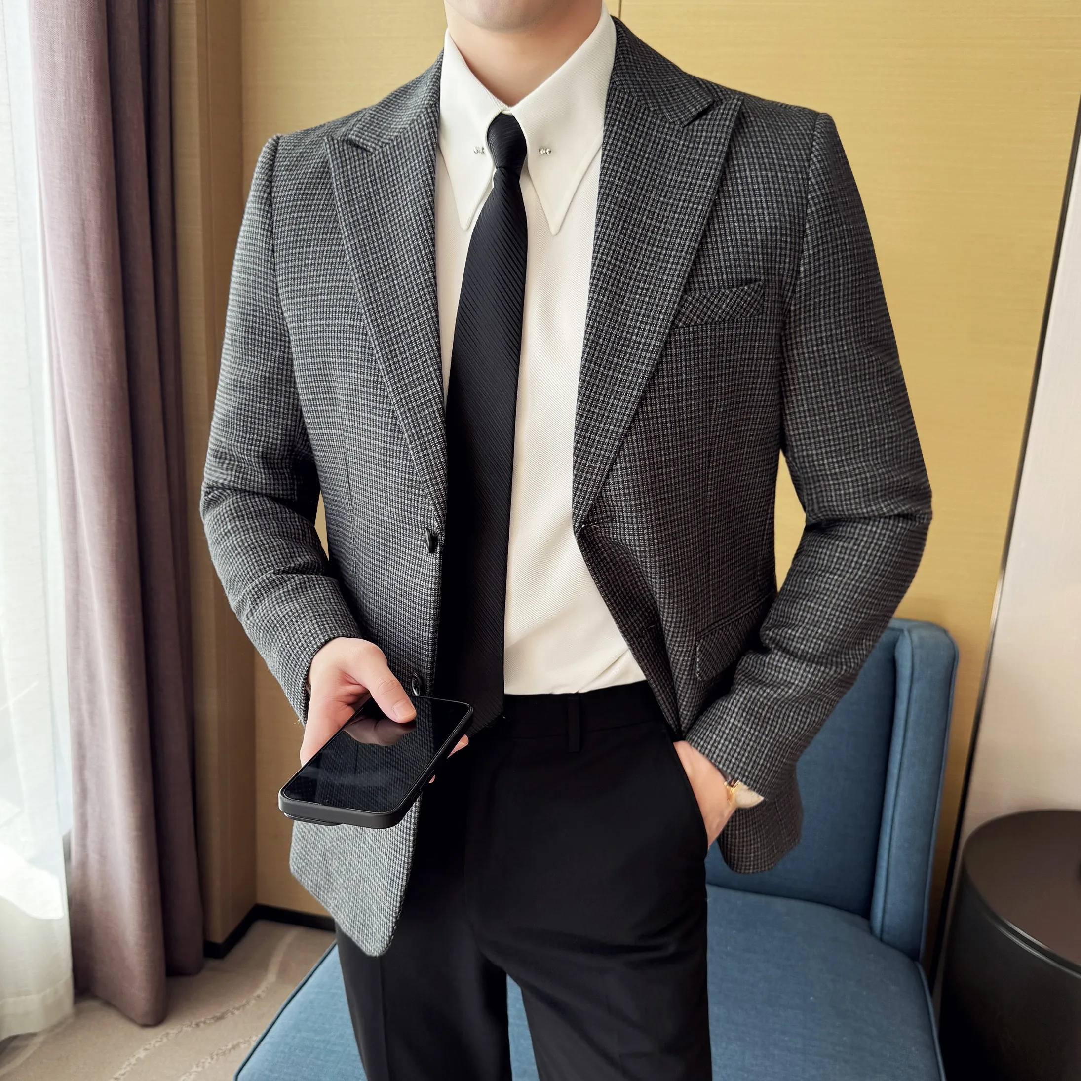 

Блейзер Hombre, корейская роскошная одежда, модный однобортный мужской пиджак, деловая официальная одежда, облегающий повседневный костюм, пальто