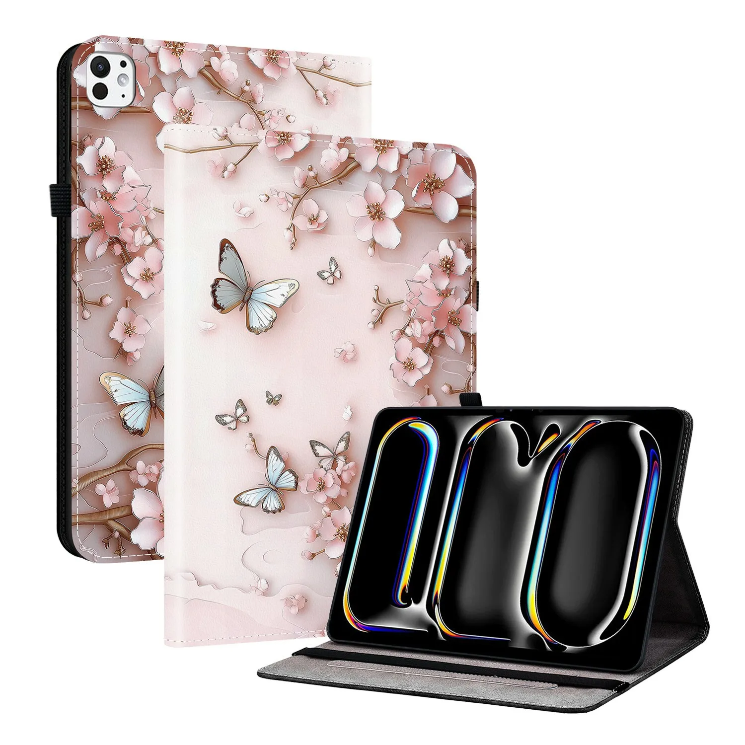 

For iPad Pro 11 (2025) / (2024) Leather Case Pattern Printed Stand Tablet Cover with Card Slots - Pink Butterfly