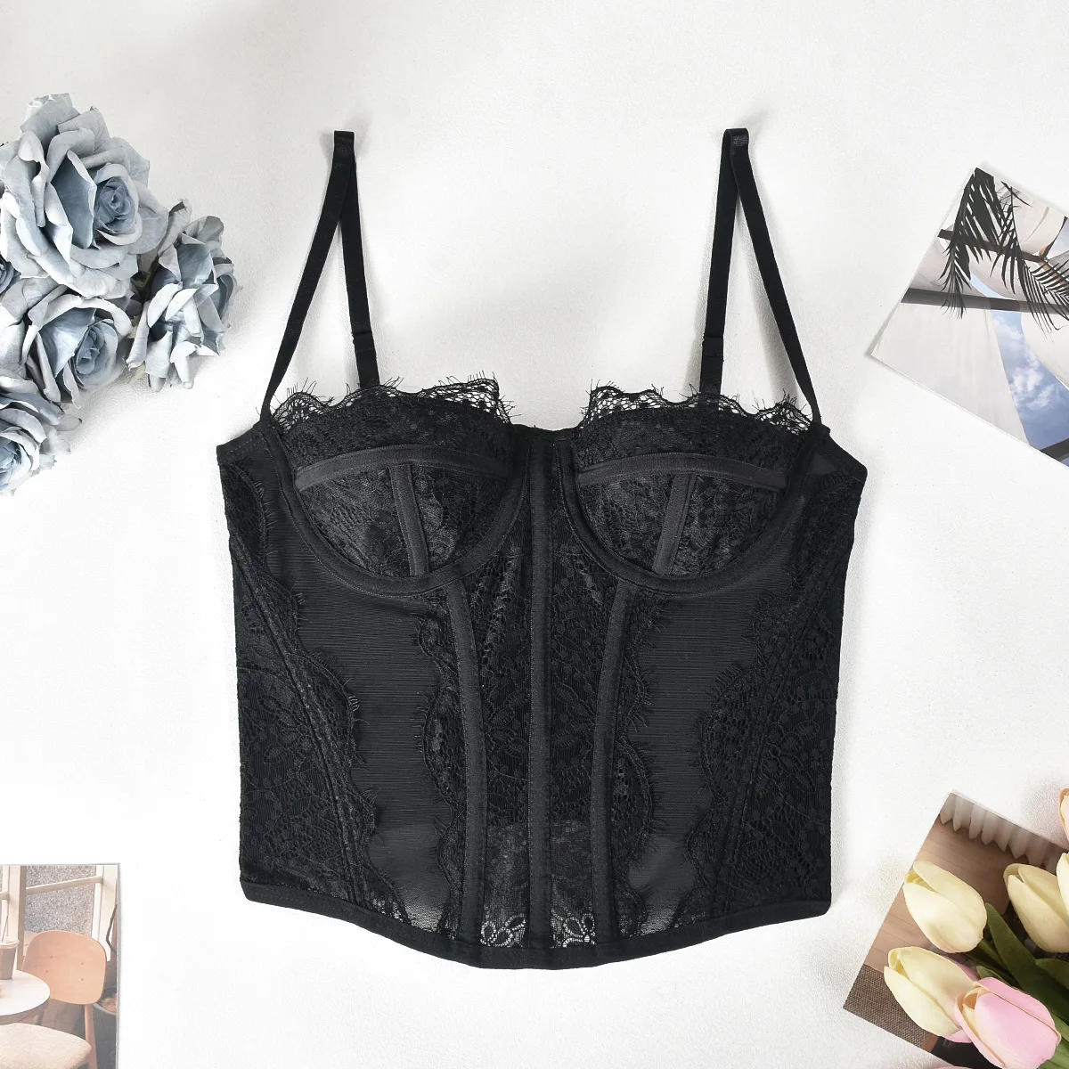 Womens Lace Mesh Sexy Vintage Spaghetti Strap Open Back Boned Corset Going Out Party Top Sexy Corset Crop Tops Vest Underwear