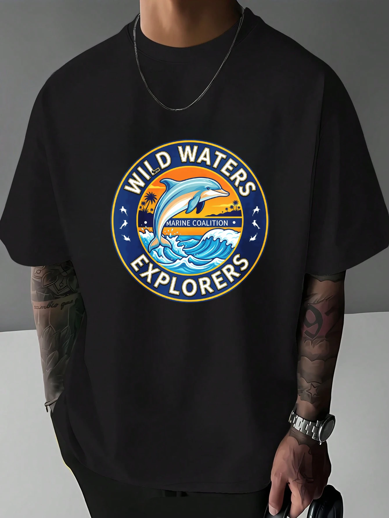 Mens Ocean Dolphin T Shirt Wild Waters Explorers Circle Logo Graphic Print Short Sleeve Crew Neck Casual Cotton Male Fashion Tee