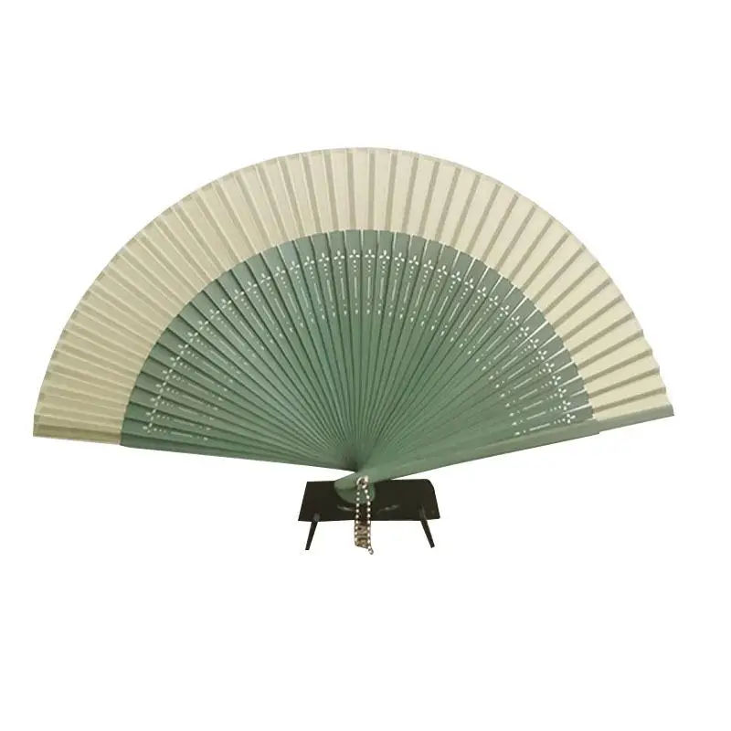 

Ancient Chinese Style Green Bamboo Folding Fan Handmade Silk Fabric Small Dance Fan for Summer Hanfu Cheongsam Accessory