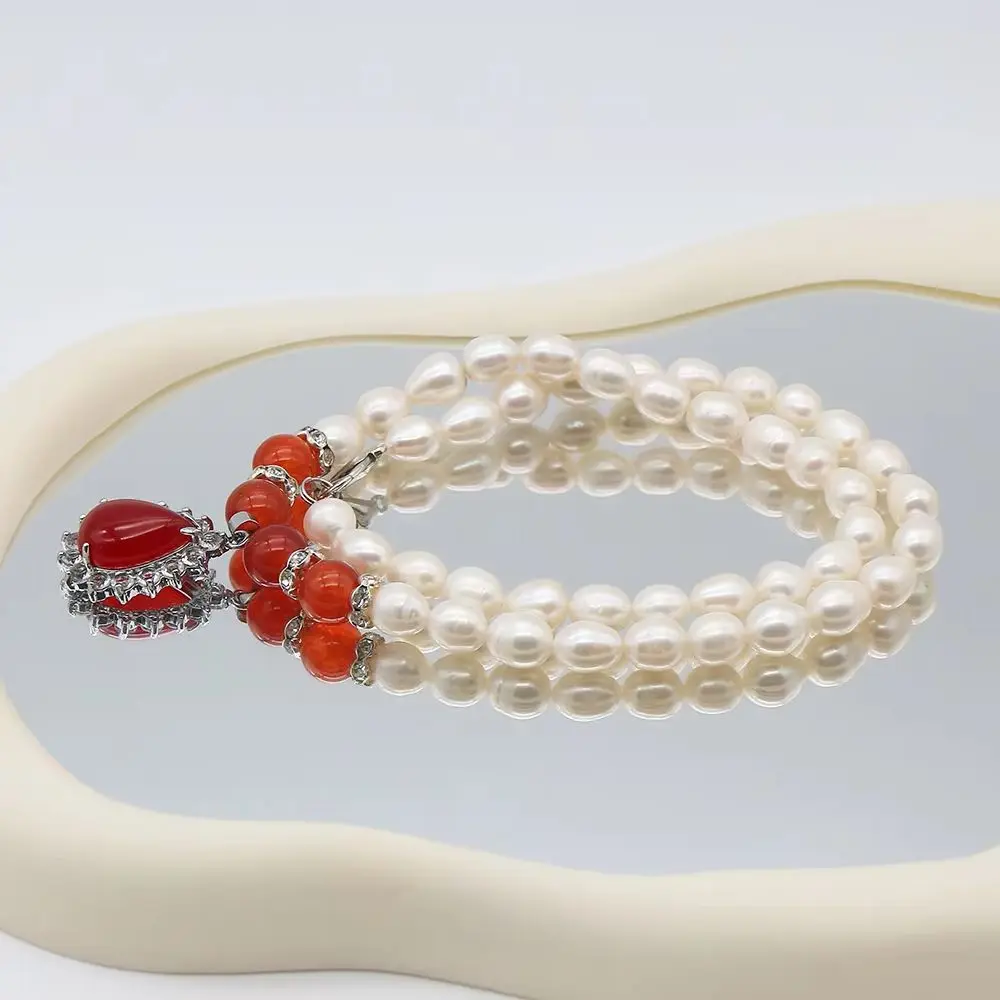 

8-9mm Natural Freshwater Rice Pearl Beaded Necklace With Water Drop Red Agate Natural Stone Inlay Pendant Accessory Jewelry Gift