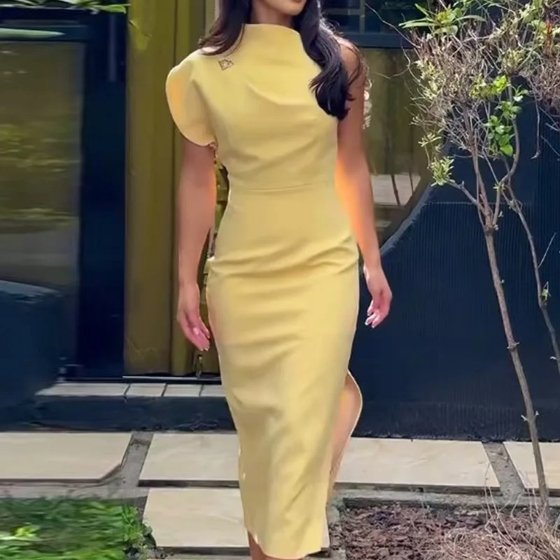 Verão lado split fino ajuste sexy vestidos longos amarelo assimétrico cintura alta a linha vestido senhoras elegante vestido de festa de deslocamento