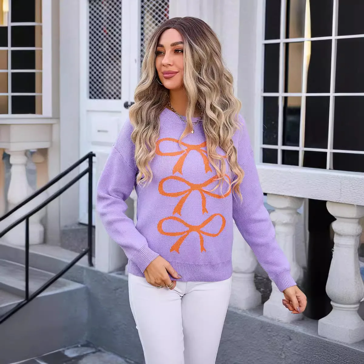 Women Knitted Pullovers Jumpers Spliced Sweater Bow Color Blocked O Neck Long Sleeve Loose Office Lady Casual Autumn Winter 2025