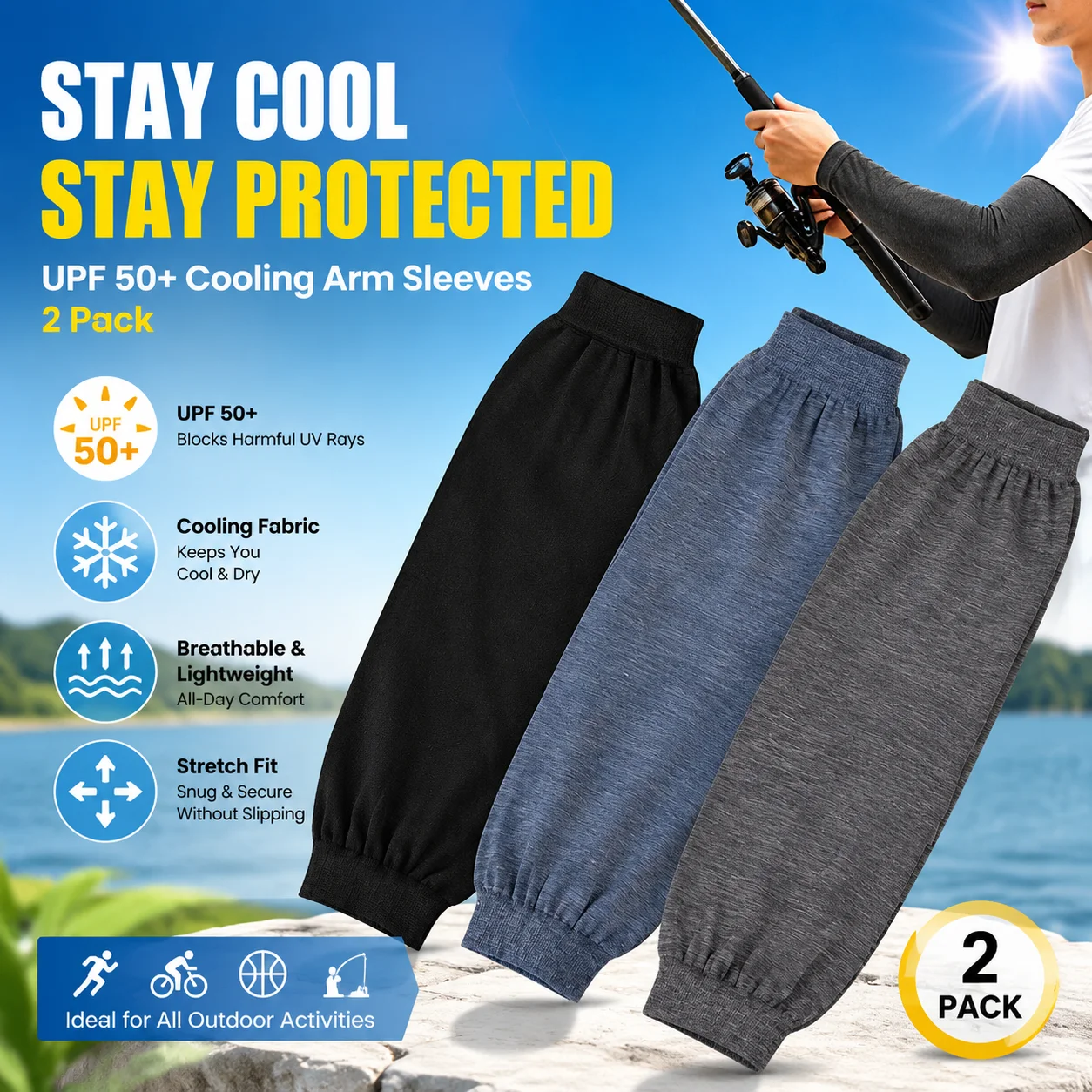 UPF 50+ Summer Cooling Arm Sleeves Sun UV Protection Hand Cover for Sports Running Cycling Basketball Fishing Polyester 2 Pack