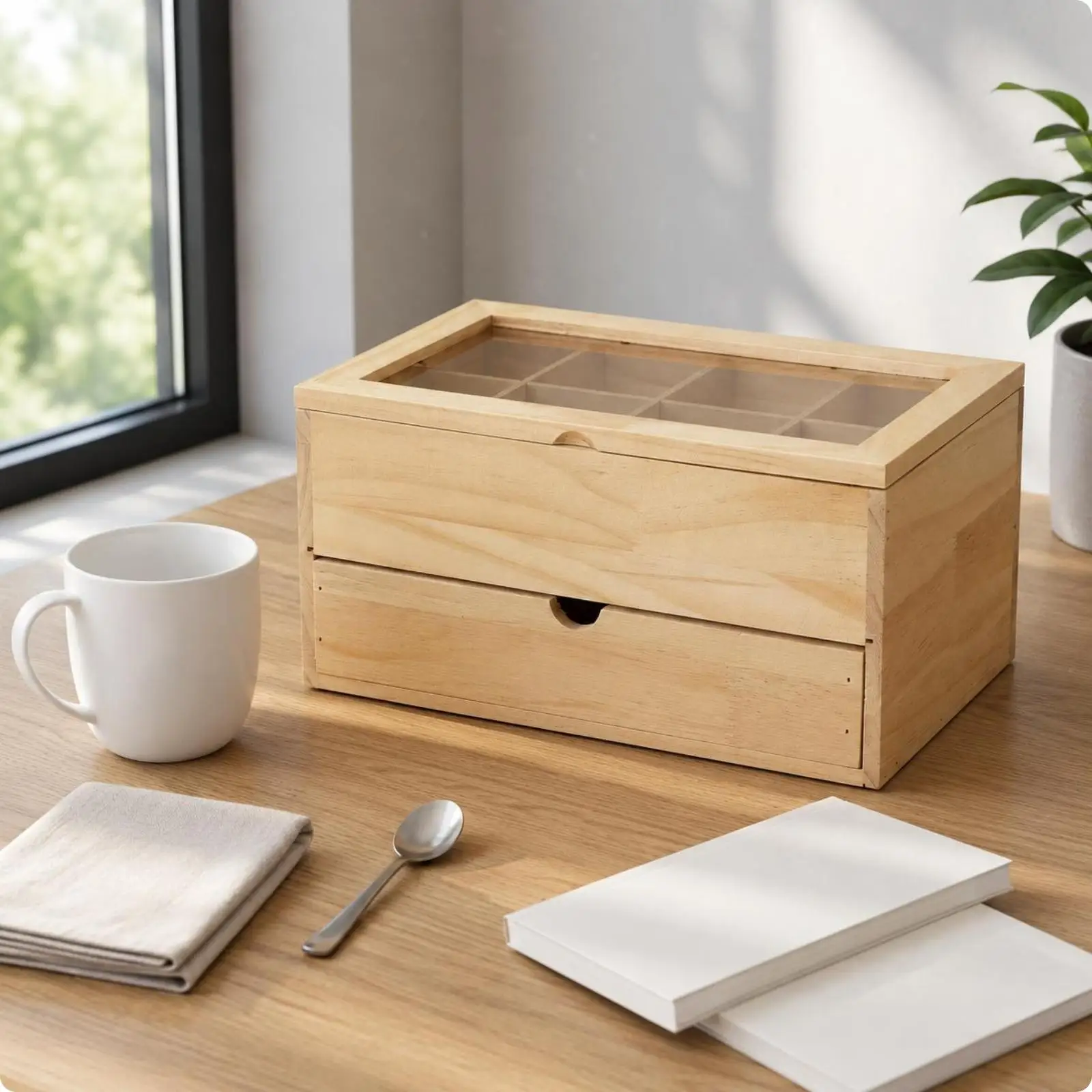 Tea box with drawer, divided tea chest with drawers, transparent for office