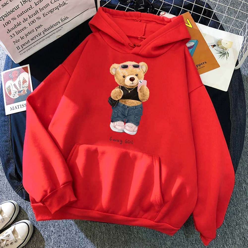 Street Teddy Bear Selfie Swag Girl Funny Women Clothes Breathable Loose Hoodies Harajuku Pocket Sweatshirt Soft Crewneck Hoody