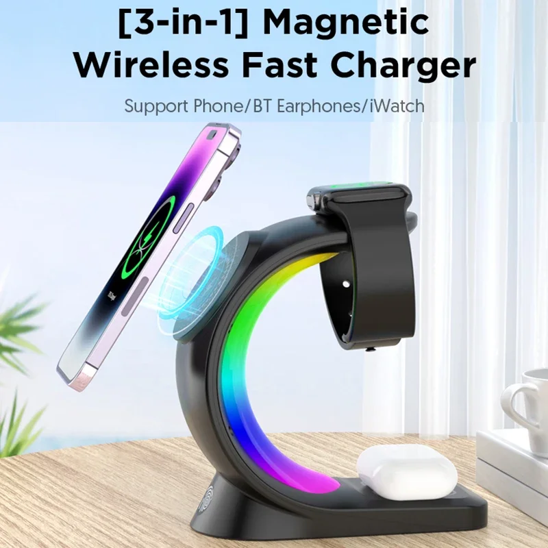 4 in 1 RGB Light Magnetic Wireless Charger Stand For iPhone 14 13 12 Airpod Apple Watch 8 7 6 5 4 3 2 Fast Charging Dock Station