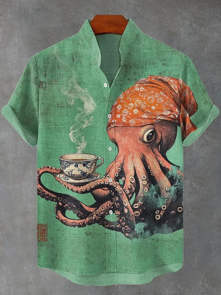 Herrenhemd, lässig, Oktopus, der Tee unter dem Kirschbaum trinkt, Kunstdruck, japanischer Stil, Urlaubs-Oberbekleidung, Vintage-Harajuku-Bluse