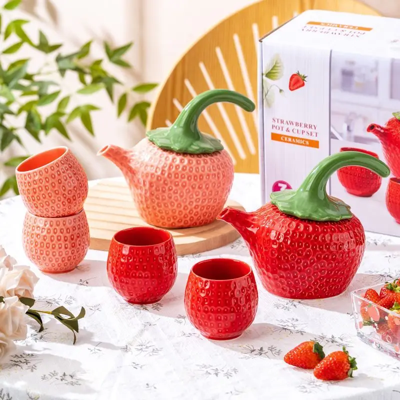 

Strawberry Coffee Pot,High Temperature Underglaze Teapot Set,Pastoral Afternoon Tea Set,Water Cup,Camping Party Kettle Gift Box